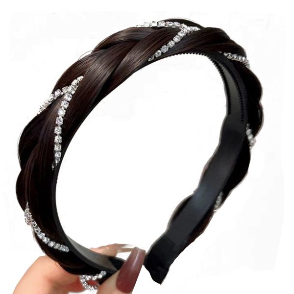 Headband 3 Strands Synthetic Hair Plaited Headband Braided Headband With Teeth Hair Band Hoop With Rhinestone Crystal Stretch Braid Headband Hairpiece Headdress for Women (Dark Brown, Width 0.8 Inch)