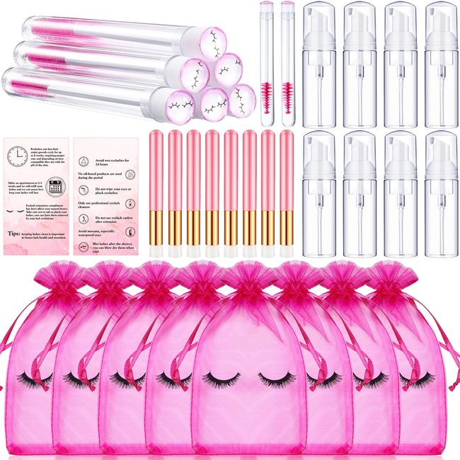 8 Pcs Lash Shampoo Brushes Set 8 Eyelash Aftercare Bag 8 Disposable Mascara Brushes Tubes 8 Foam Pump Bottle 8 Extension Aftercare Instructions Cards Eyelash Makeup Accessories (Mesh Bag, Organza)