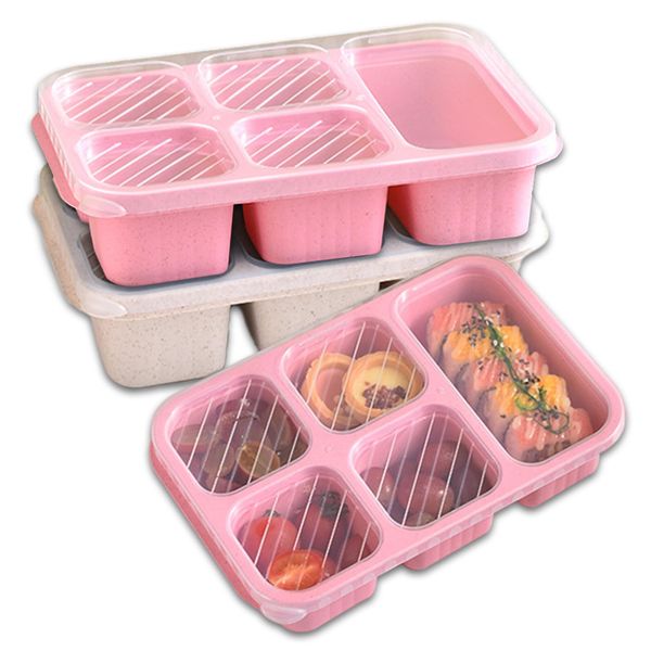 TOUKBEAU Snack Containers, [2 Pack] Bento Snack Box with 5 Compartments, Bento Lunch Box Reusable Divided Food Storage Containers for School Work Travel - White + Pink