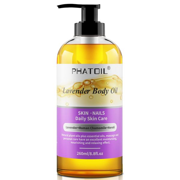 PHATOIL Lavender Body Oil with Pump, 260 ml (8.8 fl.oz) Premium Quality Massage Oil, Versatile Skin Care, Blends of Natural Plant Oils and Essential Oils