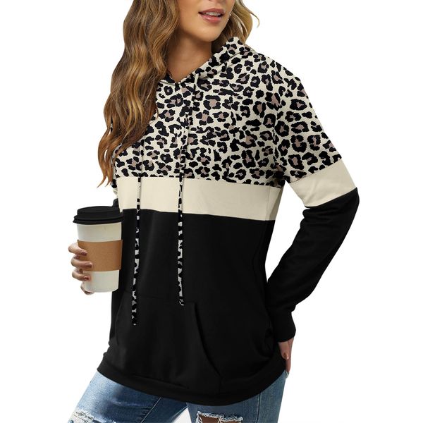 Angerella Leopard Print Sweatshirt for Women Long Sleeve Drawstring Pullover Hoodies Color Block Tops Fall Shirts XL