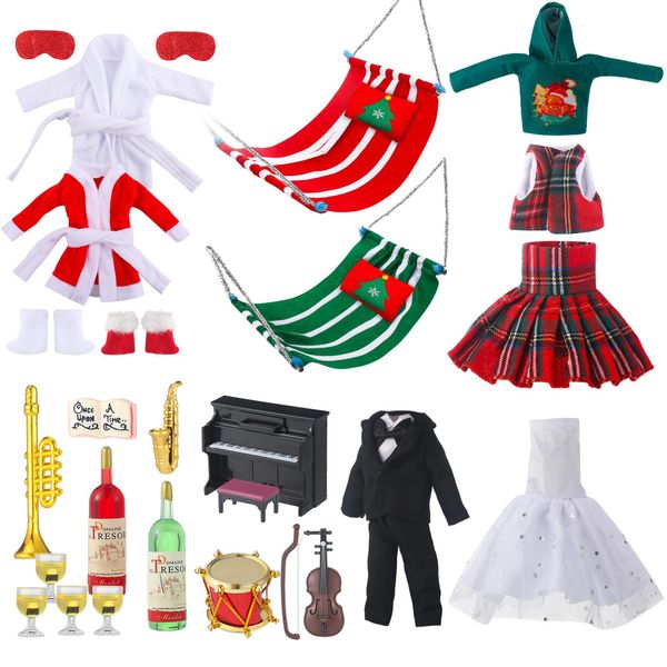 Ceenna 32 Pieces Christmas Elf Clothes Doll Accessories Elf Accessories Clothes Including Skirts, Bathrobe, Christmas Sleeping Bag, Apron, Christmas Elf Hammock for Doll Decorations (Wine Party)