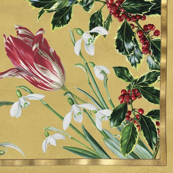 Caspari Winter Arrangement Floral RHS Gold Christmas Entertaining Dinner Napkins Pack of 20 Christmas Napkins Dinner size 40cm square 20 in pack 3 ply