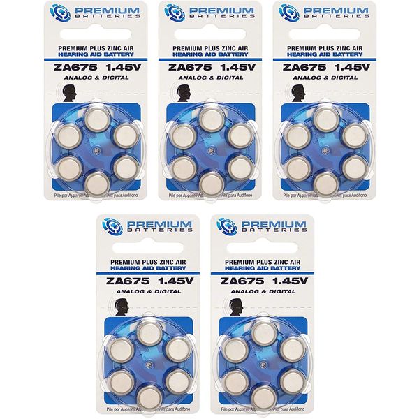 Premium Batteries Size 675, ZA675, PR44, P675 1.45V Zinc Air Hearing Aid Batteries Blue Tab (30 Batteries)