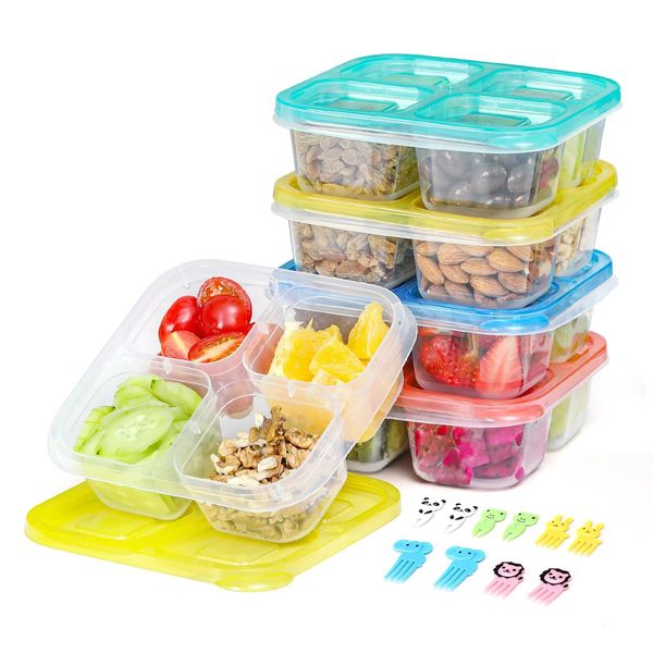 AIEVE Snack Boxes for Kids, 5 Pack Snack Containers Bento Snack Box, Divided Food Storage Containers with 10 Animal Fork for School Work Travel Picnic