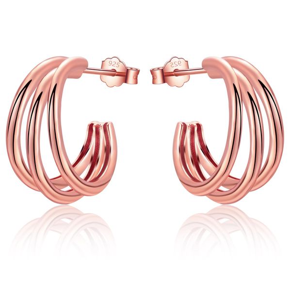 Sterling Silver Hoop Earrings for Women, Huggie Chunky Triple Hoop Earrings Hypoallergenic Lightweight 18k Gold Plated Claw Hoop Earrings Birthday Gifts for Her Girls Rose Gold