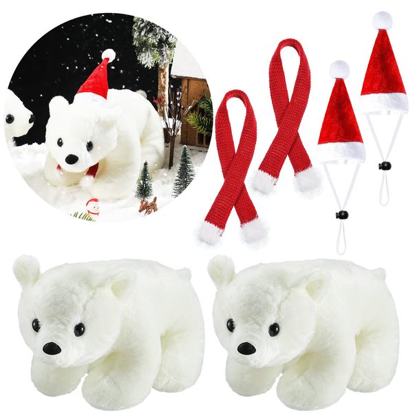 2 Pieces Christmas Stuffed Polar Bear, Plush Toys Bear with Christmas Hat and Scarf Stuffed Animal Polar Bear Soft Cuddly, 11 Inches White