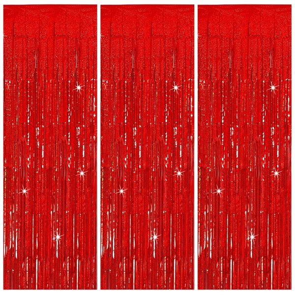 3 Pack Red Streamers Party Backdrop Christmas Decorations Foil Fringe Backdrop Curtains Carnival Casino Theme Birthday New Year Holiday Celebration Bachelorette Party Decorations Supplies