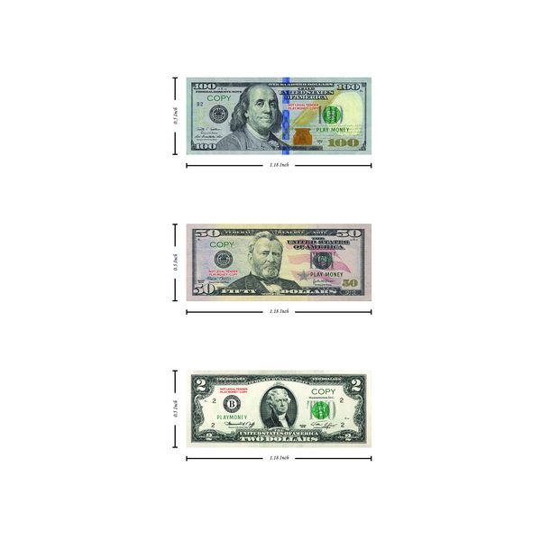 Custom Toys & Hobbies 10 Pieces Miniature Play Money 100, 50, 2 - 2-Sided Full Print Scale Model Copy Money for Doll House, Diorama, Tiny Cash Register Toy, and Kids Pretend Play - 0.5 x 1.2