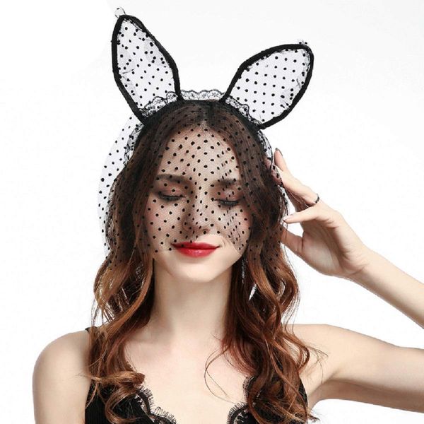 LSHDXD Halloween Headband Cat Ears Lace Veil Hair Band Headdress for Women, Perfect Hair Accessories for Halloween Ball Party Masquerade and Cosplay.