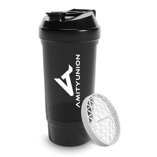 AMITYUNION Eiweiß Shaker FYRA 700 ml mit Container - Pulverfach - Protein Shaker, BPA frei mit Sieb und Skala für Whey und BCCA Shakes, Gym Fitness Becher Isolate Diät Sport Midnight Black