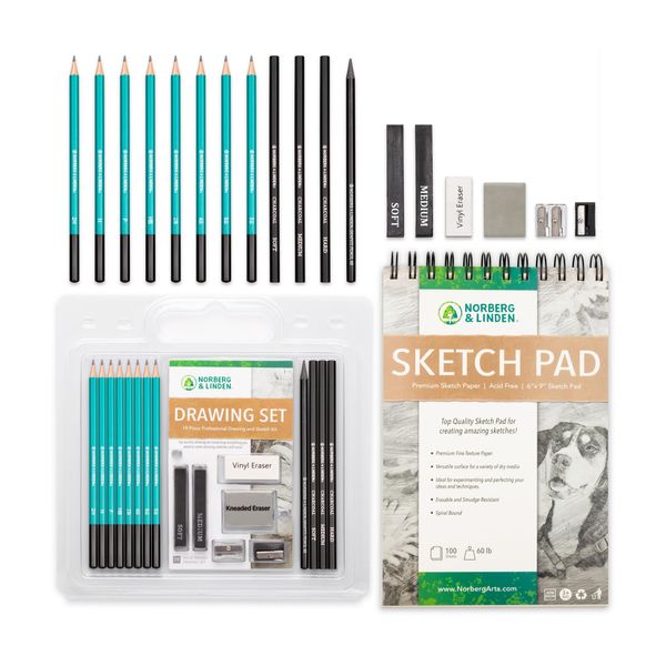 Free Hand Drawing and Sketch Art Kit with 100 Page Sketch Pad. Drawing, Sketching and Charcoal Pencils. 100 Page Drawing Pad! Kneaded Eraser included. Art Kit for Kids, Teens and Adults