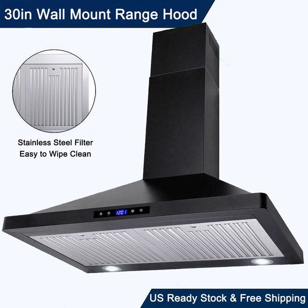 30 inch Wall Mount Range Hood Kitchen Black Stainless Steel 3-Speed Touch Panel