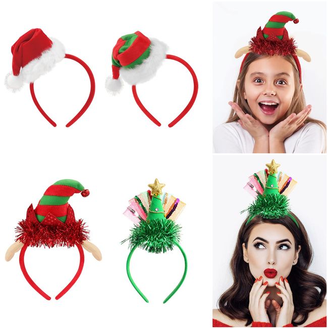 FRCOLOR 4PCS Christmas Headband Santa Hat Christmas Tree Headband Elf Hat Headband for Adult Children Christmas Costumes Accessory