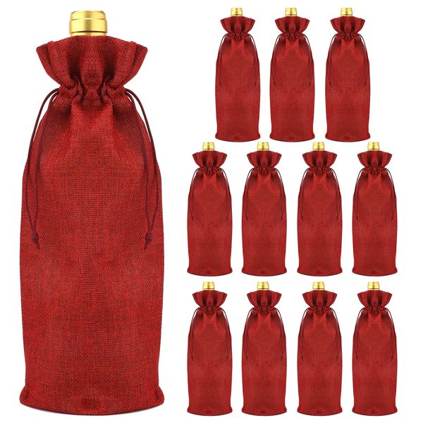 G2PLUS 12 PCS Red Burlap Bottle Wine Bags, 16 x 36 cm Hessian Jute Wine Bottle Gift Bags with Drawstring