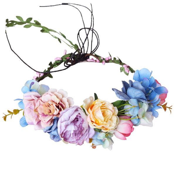 Faylay Hawaiian Flower Crown Boho Flower Headband Maternity/Bridal Flower Crown Wedding Floral Hair Wreath (Pink & Bule)