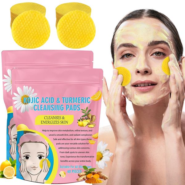 Pipihome 80 Pcs Kojic Acid Cleansing Pad, Turmeric Kojic Acid Cleansing Pads, Kurkuma-Kojic-Säure-Reinigungspads, Compressed Turmeric Kojic Acid Pads for Face Cleansing and Exfoliating