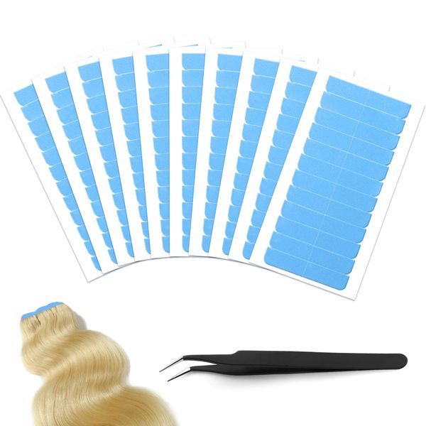 Gailem Hair Extension Adhesive Tape - 240PCS Double Sided Human Hair Tape in Tape Replacement Tape for Hair Extensions Wig Tape Beauty Tools with Small Tweezers (4 x 0.8 cm, Blue)