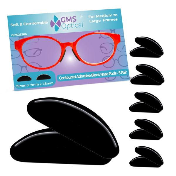 GMS Optical® 1.8 Reg Thick / 19mm Long Length - Adhesive Contoured Soft Silicone Anti-Slip Eyeglass Nose Pads with Super Sticky Backing for Glasses, Sunglasses, and Eye Wear - (5 Pair)(Black)