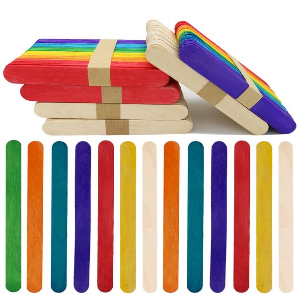 OWLKELA-300 Pieces Jumbo 150mm Lollipop Sticks, Wood Craft Sticks, Lolly Sticks for Home and School Crafts, Popsicle Sticks, Ideal for Arts and Handwork, Classroom Art Supplies Wood&Multicolour