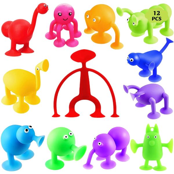 Yeefunjoy Suction Toys, 12 Pcs Silicone Sucker Toys Kids Bath Toys Fidget Sensory Toys Gifts for Kids Adults,Stress Relief Toys Travel Toys Suction Cup Toys for Boys Girls Birthday Gifts Party Favour