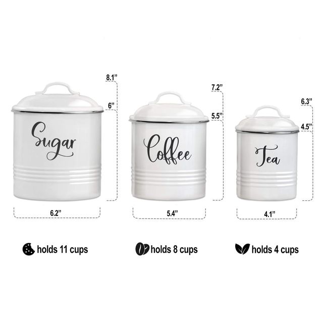 Kitchen Canisters Set of 3, Airtight Sugar, Tea & Coffee Containers, Rustic  Farmhouse Food Storage Canister Jars - White