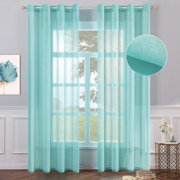 MIULEE 2 Panels Turquoise Semi Sheer Window Curtains Elegant Grommet Top Window Voile Panels/Drapes/Treatment Aqua Blue Linen Textured Panels for Bedroom Living Room Decor (54X84 Inches)