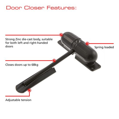 Sterling 271 DCBK Black, Surface Mounted, Spring Loaded Door Closer with 1/2 Hour Fire Rating, White, Polished Brass, Polished and Satin Chrome