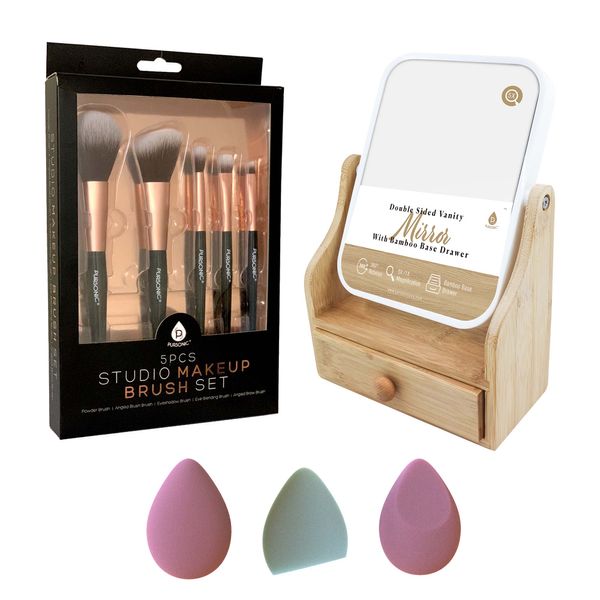 Pursonic Beauty Essentials Set – Studio Makeup Brush Set, Multi-Shape Sponges, and Dual-Sided Vanity Mirror with Bamboo Base