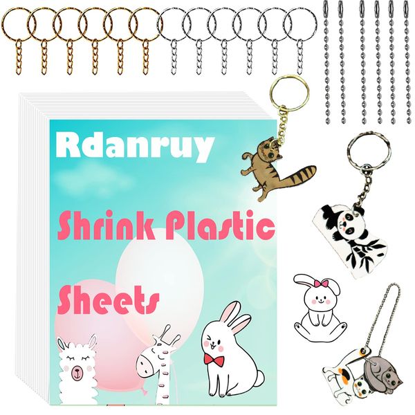 Rdanruy 150PCS Shrink Plastic Sheets Kit Include 50PCS Shrink Paper Sheets Shrink Art Paper Shrink Film Sheets with 100PCS Keychains Accessories for Kids Creative Craft DIY Ornaments