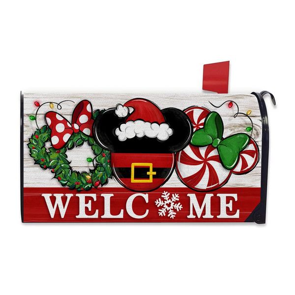 FBCOO Welcome Christmas Mouse Santa Mailbox Cover Magnetic Standard Size 21" x 19", Xmas Peppermint Candy Wreath Decorative Post Letter Box Decor, Farmhouse Holiday Garden Yard Outdoor Decoration