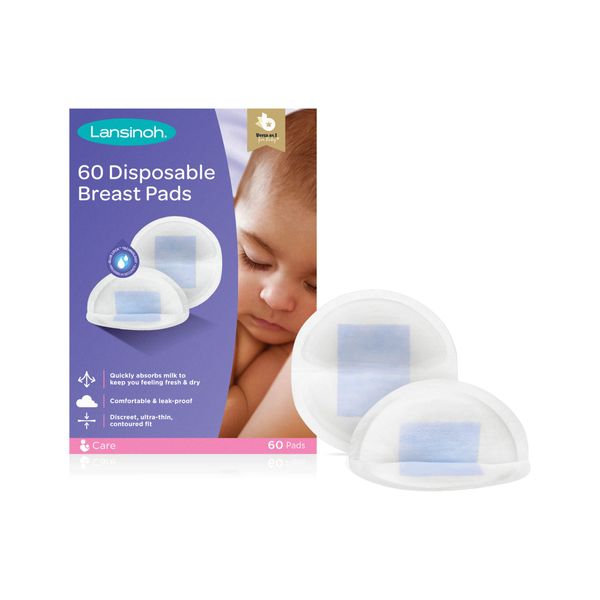 Lansinoh Disposable Breast Pads for nursing breastfeeding mothers, essential for hospital bag, thin super absorbent layers, discreet fit , 60 Count ( Pack of 1)