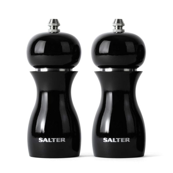 Salter 7613 BKXR Salt & Pepper Grinder Set - Spice Mills, High Gloss Mechanical Seasoning Pots, Twist to Grind, Adjustable Fine to Coarse, Retro, 26g Salt/13g Pepper, Black Condiment Set, 14cm