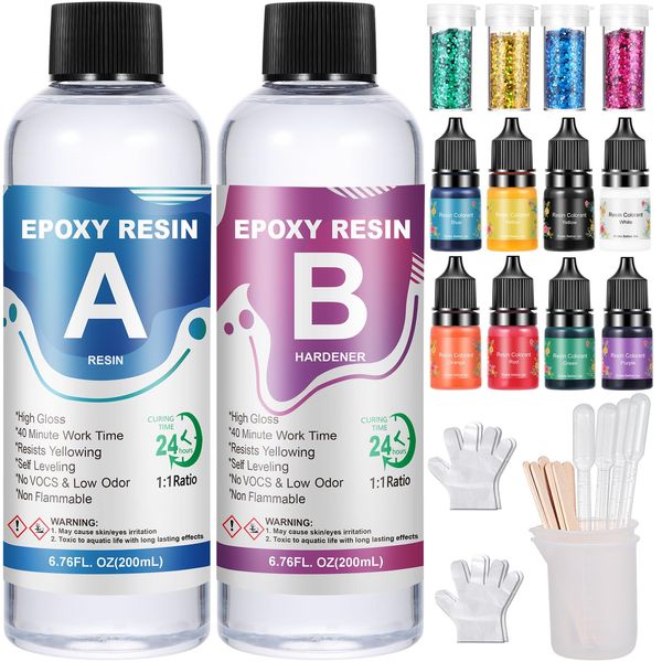 Epoxy Resin Kit 400ml, Crystal Clear Resin Kits for Beginners, Resin Accessories with Resin Pigment, Glitter, Silicone Measuring Cups, Casting Epoxy Resin Starter Kit for Art, Craft, Jewelry Making