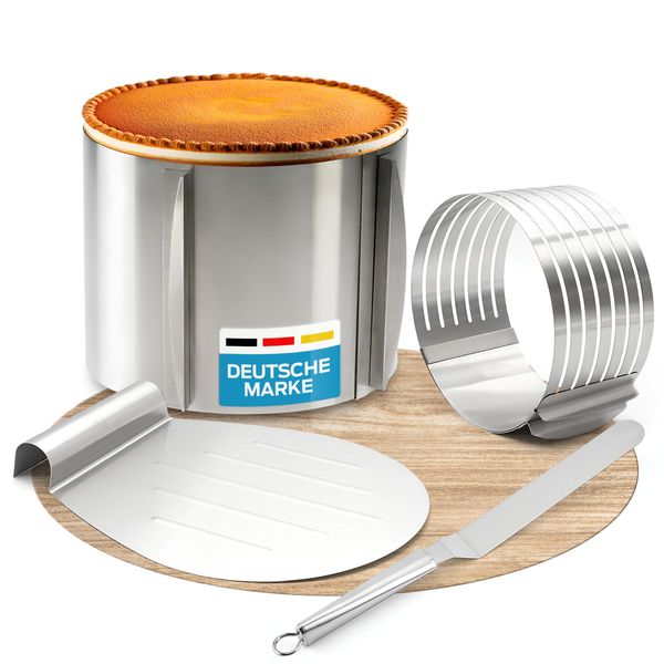 Smart-Planet Tortenring Set 4-teilig mit verstellbarem Backring hoch, Tortenform Schneidehilfe - Kuchenheber und Konditormesser, Torten Zubehör aus Edelstahl spülmaschinenfest