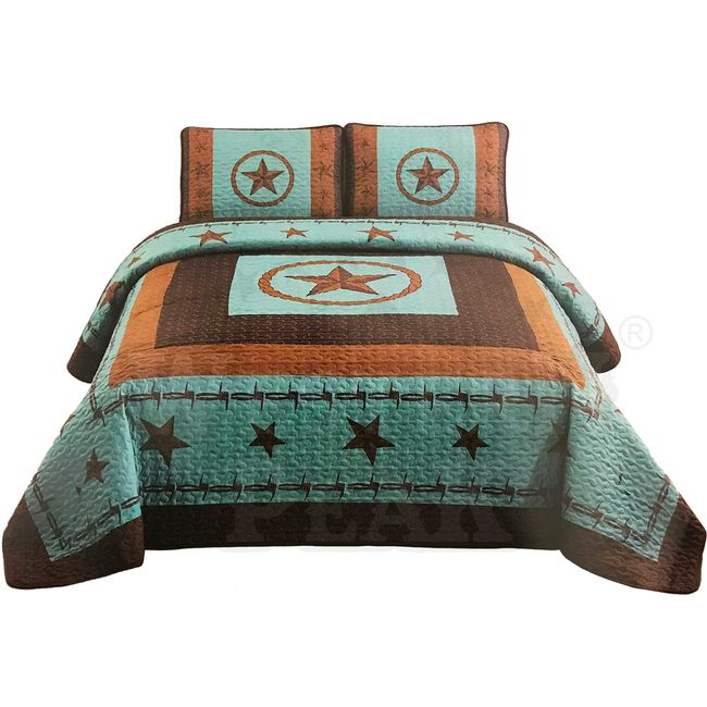 Western Peak 3 Piece Western Texas Star Barb Wire Style Quilt Bedspread with Pillow Shams (Turquoise, King)