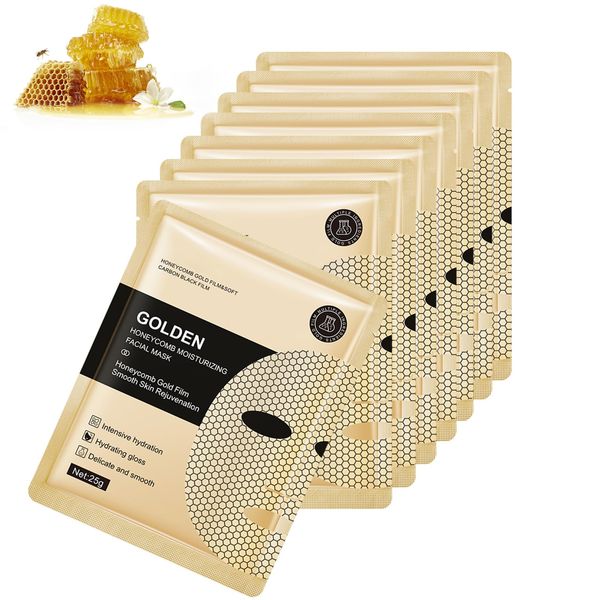 Facial Mask, 8 Pcs Face Mask, Beauty Masks Firming Moisturising Mask, Anti-Ageing Face Mask, Premium Cloth Mask Skin Care Mask Gold Honeycomb Feuchtigkeitsmaske For Moisturizing And Refining Pores