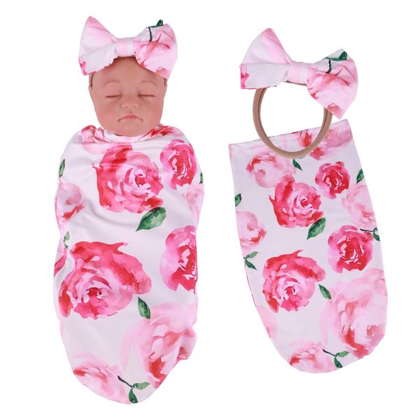 BABESIDE Reborn Baby Doll Blanket with Doll Headband for 17-24 Inch Babydolls, Baby Doll Accessories Baby Doll Wrap Towel Set for Realistic Baby Dolls Girl, Pink Floral Pattern