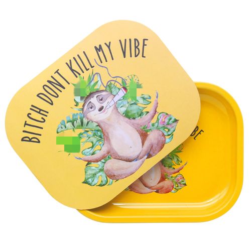 Rolling Tray with Magnetic Lid - Btch Don't Kill My Vibe Cover, Small Metal Trays Funny Cute Sloth Gifts 7'' x 5.5''