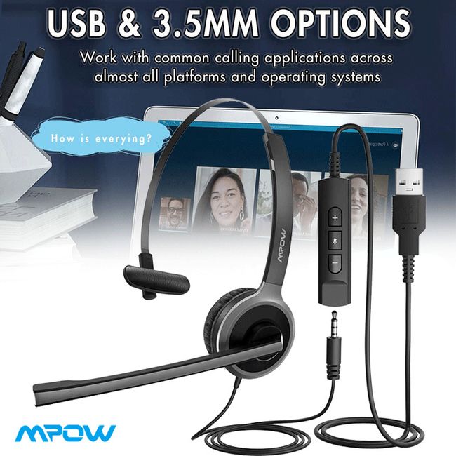 MPOW Wired Call Center Telephone Headset Office Phone Headphone wit Microphone