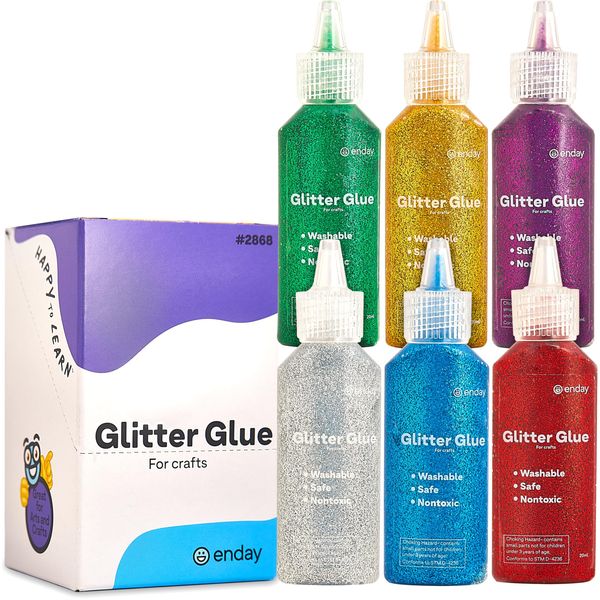 Glitter Glue for Crafts in Bright Classic Colors: Silver, Red, Green, Blue, Purple & Gold Glitter Glue Washable & Non-Toxic Used for Gluing, Drawing, Writing, Outlining, 0.67 OZ (6 Pieces) - by Enday