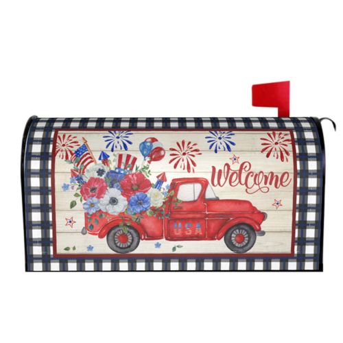 Buffalo Plaid Patriotic Mailbox Covers - American Flag Red Blue Floral Truck Magnetic Standard Size 21x18 In Waterproof Post Box Wraps Garden Yard Home Decor for Outdoor