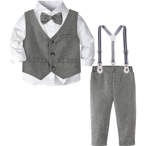 mintgreen Baby Boy Formal Wedding Suit Gentleman Waistcoat Outfit Christmas Suspenders Bow Tie Clothes Set, Dark Grey, 18-24 Months, 90