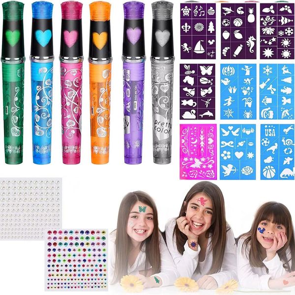 Temporary Tattoo Pen, 6 Colours Glitter Pens with Stencils, Body Tattoo Markers for Kids and Adults, Perfect for Parties, Dress-Up, and Creative Fun