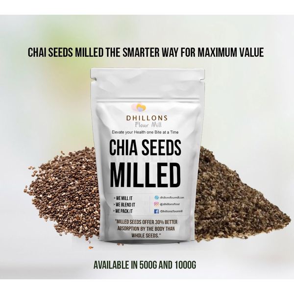 Milled Chia Seeds | Cold Milled Chia Seeds for Greater Absorption | Perfect in Smoothies and for Baking | Low Carb | Keto Friendly | Manufactured in The UK by Dhillons Flour Mill (500g)