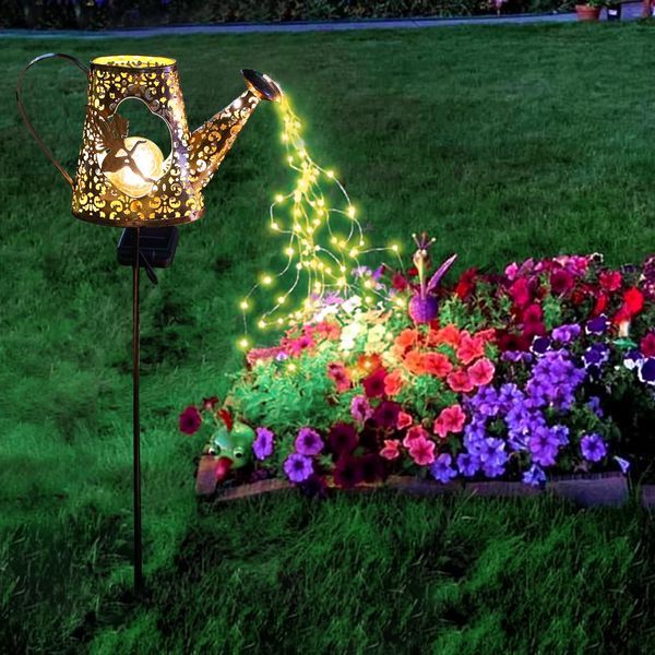 YJFWAL Solar Watering can with Lights Garden Solar Lights Pathway Stake Lights Waterfall Fairy Lights Outdoor Decorative Lights Waterproof for Walkway, Yard, Lawn, Patio(with Installed Light String)