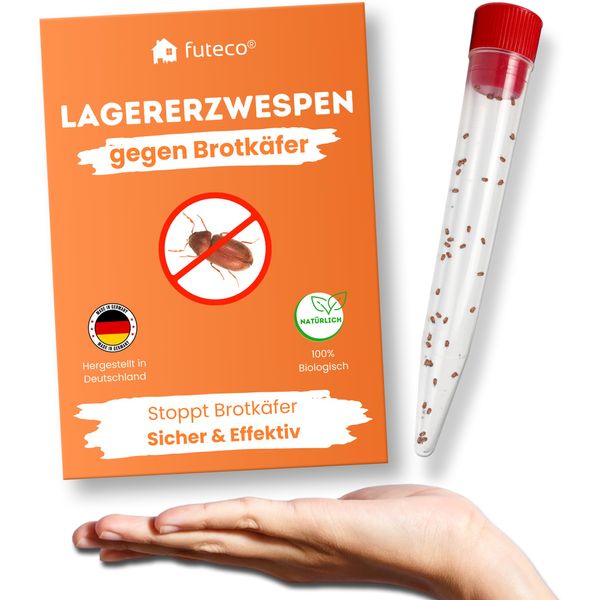 Futeco® – Lagererzwespen gegen Brotkäfer & Co. – für ca. 15 m² – 100% Chemiefrei – für warme und kühle Temperaturen – Alternative zu Brotkäferfalle – Made in Germany (40 Nützlinge)
