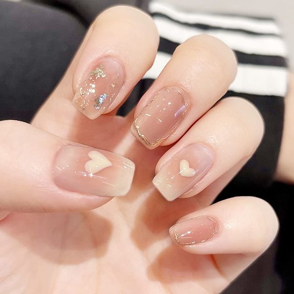 AAGWW Nail Tips, Berry Short, False Nails, Long, Coming-of-Age Ceremony, Mat, False Nails, Cute, Beautiful Shell Supplies, Workshop, Glue Design (Product Contents: 24 Nail Art + Glue, Color: Heart, Milk Tea Color)