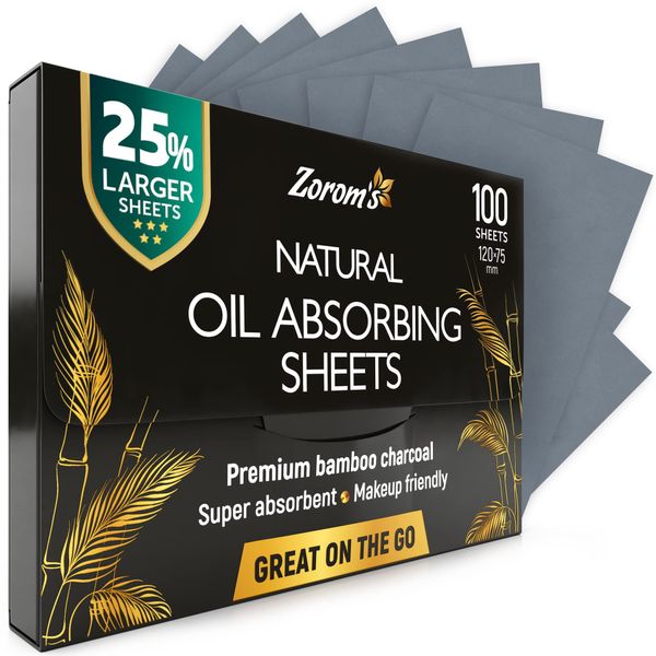 Natural Blotting Paper for Oily Skin with Bamboo Charcoal - 25% Larger - 1pk/100 Oil Blotting Sheets for Face - Makeup Friendly - Easy To Grab One