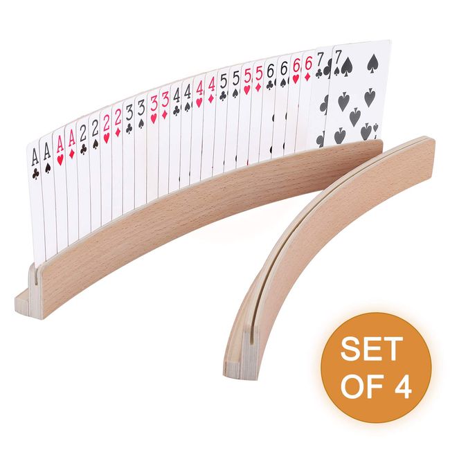 Exqline Wood Curved Playing Card Holder Racks Tray Set of 4 for Kids Seniors Adults - 13.4inch with Widen Base Stable Enough for for Bridge Canasta Foot and Hand